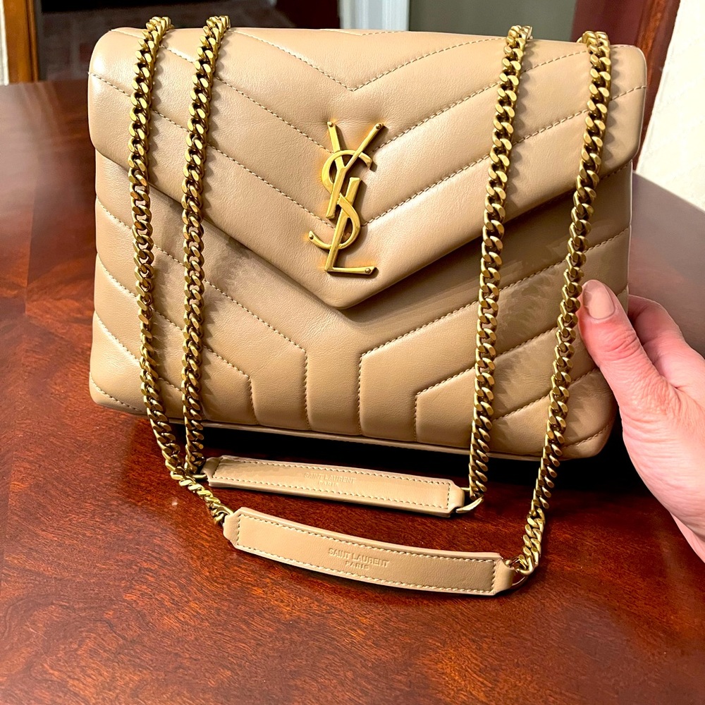 New! Saint Laurent Loulou Small Crossbody Shoulder Bag in Dark Beige / Dark Gold